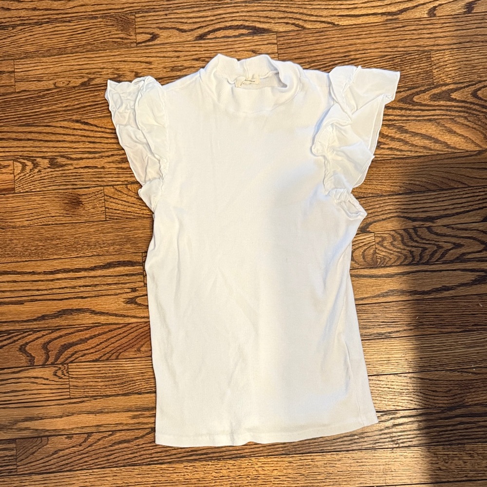 Anthropologie Women’s White Ruffle Sleeve Mock Neck Top size medium